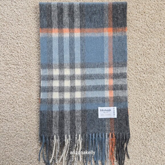 Edinburgh Accessories - NWOT Edinburgh Lambswool Scarf Plaid Blue, Grey, and Orange Wool